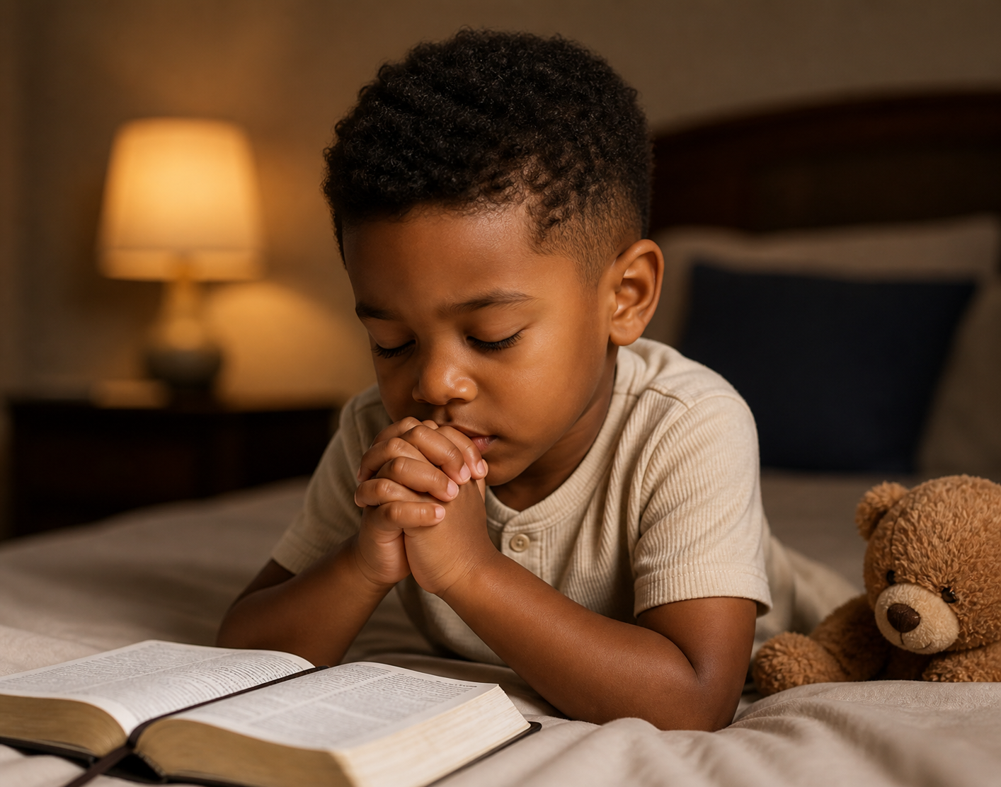 Young child smiling while praying in soft golden light