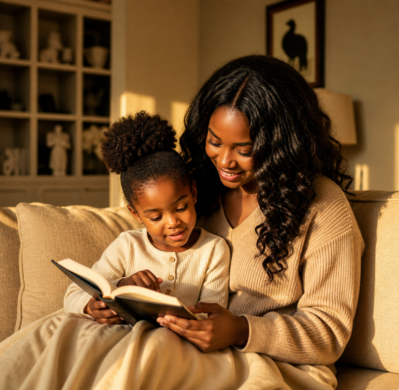 Christian mother reading the Bible with her young child in warm morning light